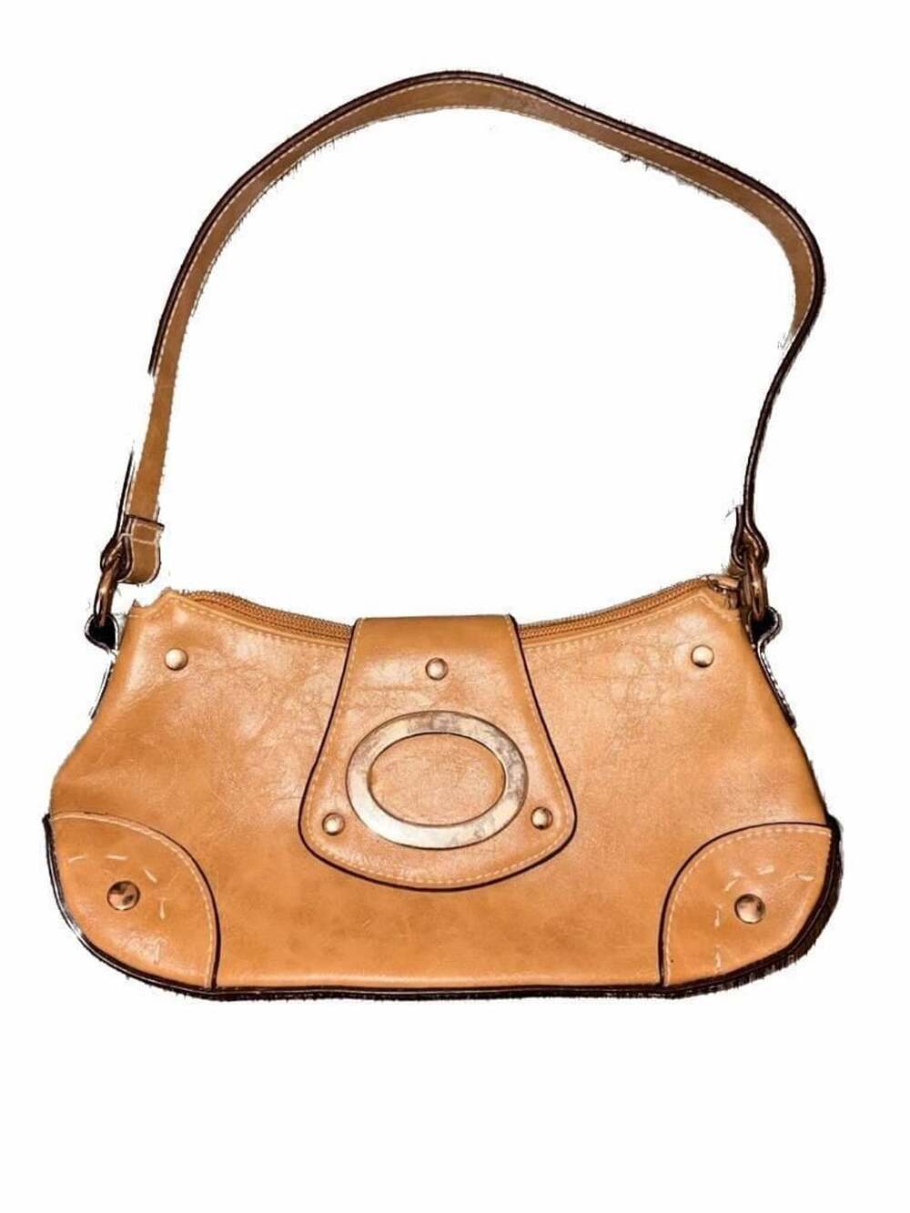Vintage Tan Faux Leather Studded Trim Shoulder Bag with Silver Hardware